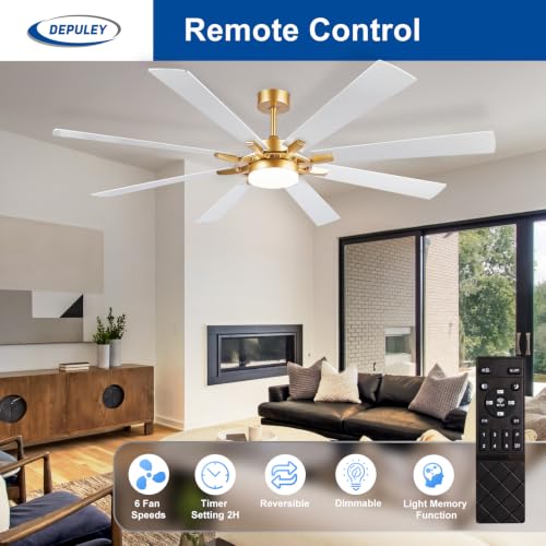 Image of Depuley 72-Inch Ceiling Fan with Light: Modern 8-Blade White and Gold Indoor Outdoor Fans with Remote Control Dimmable Light - Ultra Quiet DC Motor Reversible 6 Speed Timer