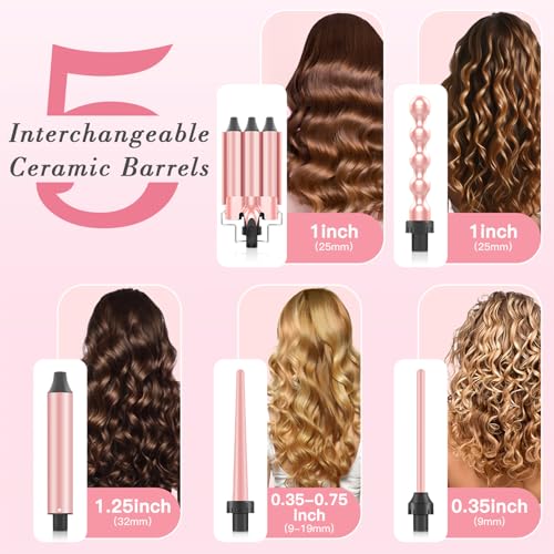 Image of MOCEMTRY 5-in-1 Curling Wand Set (0.9 cm-3.2 cm) with 3 Barrel, Bubble Curling Wand and 3 Ceramic Barrels, Curling Iron 1 Inch Curling Tool for Women with Two Temperature Control