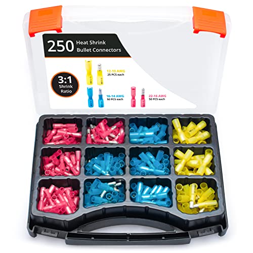 250 PCS Wirefy Heat Shrink Bullet Connectors - Male and Female Wire Bullet Connectors - Electrical Bullet Butt Terminals - 22-10 AWG