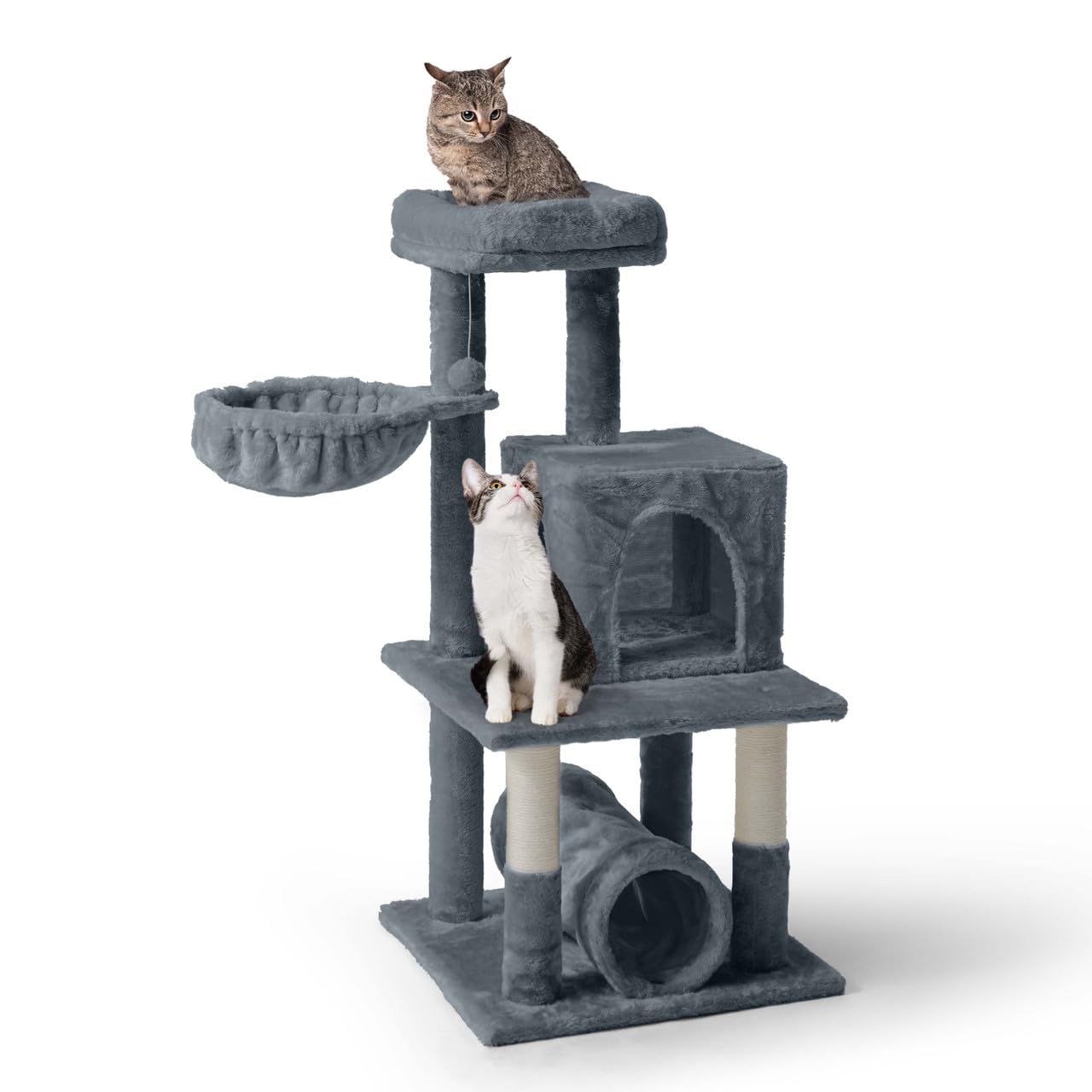 BOWHAUS Tall Cat Tree for Indoor Large Cats or Kittens, Multi-Level Cat Activity Tree with Scratching Posts, Hammock, Cat Cave Condo, Modern Cute Small Cat Climbing Tower with Widened Perch
