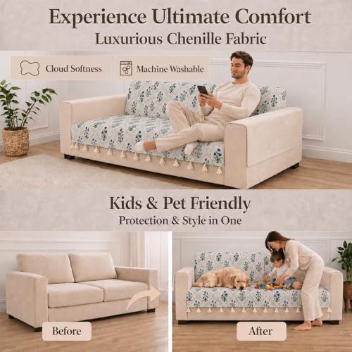 Image of STITCHNEST 'Eden Weaves Collection Series' 2 Seater Sofa Cover| Elegant Woven Fabric, Decorative Tassels, Washable & Durable for Modern Living