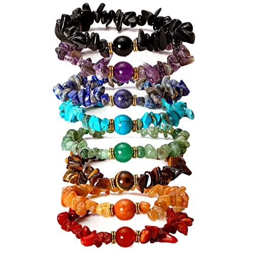 MILAKOO 7Chakra Chip Stone Bracelets for Women Natural Crystal Healing Reiki Yoga Beads Anxiety Cuff