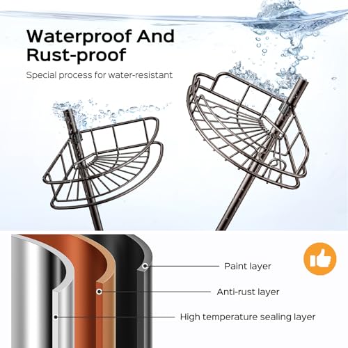 Image of HAMITOR Corner Bathroom Organizer, 4-Tier Tension Pole Shower Caddy, Bronze | Rust-Resistant Adjustable Shelves, No-Drill Quick Install, Space-Saving Bathtub Storage For Renters, Families 47.7-123.7In