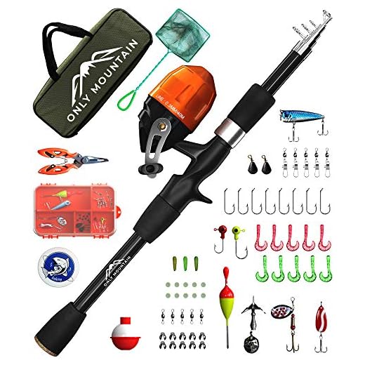 ONLY MOUNTAIN Kids Fishing Pole - Telescopic Fishing Rod and Reel Combo with Spincast Reel, Tackle Box, Fishing Net, Fishing Tackle and Gear, Fishing Accessories for Boys and Girls