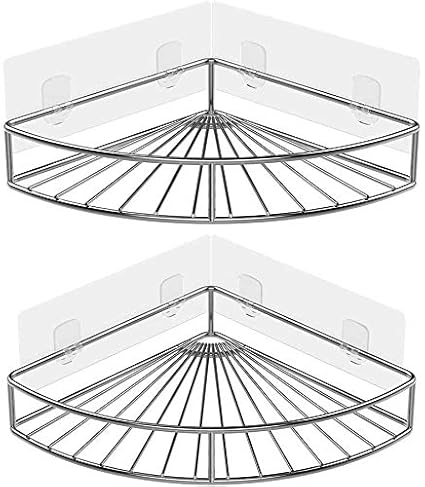 BDsain 2 Pack Adhesive Corner Bathroom Shelves Stainless Steel Wall Mounted Shower Caddy Kitchen Rack Organizer Storage Basket with 2 Pcs Self Adhesive Pads for Shower Accessories