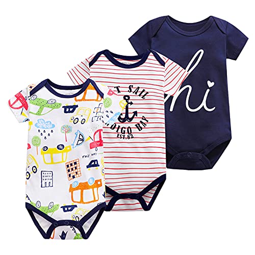 OPAWO Body unisex de algodón de manga larga y corta para bebés de 0 a 24 meses, paquete de 3, Coche/Marinero/Hi Short, 1 mes