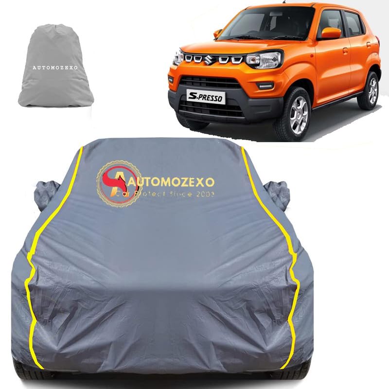 AUTOMOZEXO All Weather Protection Car Cover with Mirror Pocket, Anti Dust, Waterproof, Triple Stitched Fabric with Pipein Design, Elastic Hem Car Body Cover for Maruti S Presso (Color-Grey)