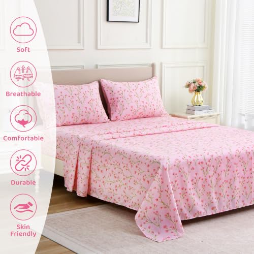 Image of Mooreeke Cozy Floral Microfiber Printed Queen Sheet Set - Soft & Breathable Pink Flowers Bed Sheets with Deep Pocket - Non-Slip Fitted Design - Pink Flowers with Green Branches Pattern - Queen