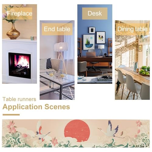 Image of Japanese Gold Crane Table Runner, Luxury Oriental Wave Pattern Table Decor for Dining Room Wedding Party Kitchen, Asian Art Tablecloth 13x120 Inch