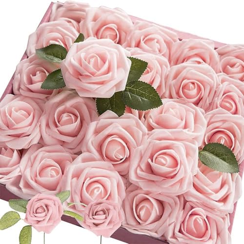 Omnikryp 25 Piezas Rosas Artificiales, Flores Artificiales con Tallo, Rosas de Espuma Realistas, para Manualidades, Decoración de Bodas, Jardín, Ramos de Novia