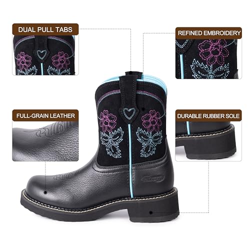 Cowboy Boots for Women Round Toe Ankle Western Cowgirl Boots Pull On Embroidered Full Grain Leather3