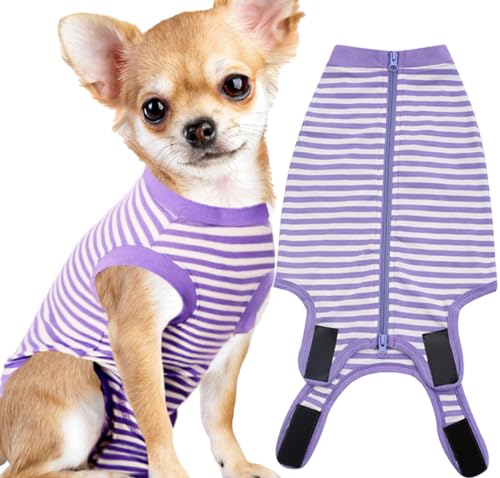 Image of Dog Recovery Suit Small,Female Spay Male Surgery Recovery Shirt,Soft Combed Cotton Puppy Suit,S Purple-White Striped