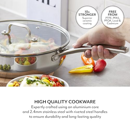 Poêle multi-couches inox induction avec couvercle en verre trempé