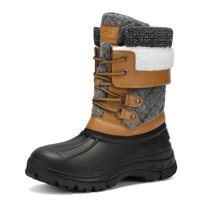 DOBOLIN Winter Boots for Women Snow Boot Waterproof Warm Cozy Hiking Duck Boots for Cold Weather Women’s Mid Calf Booties Brown, Size 7