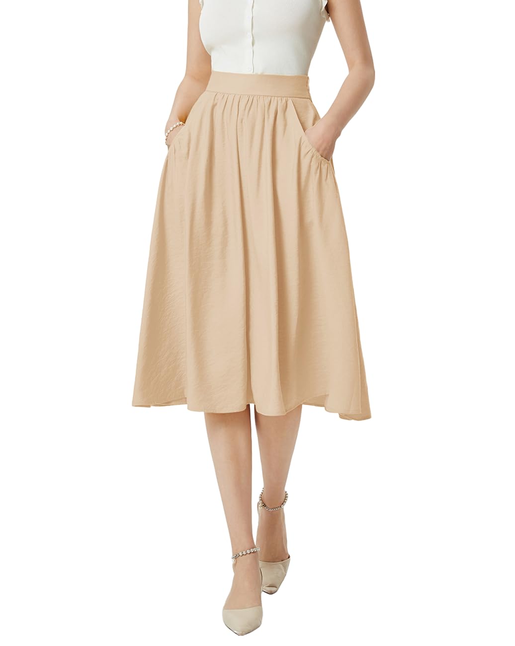 Belle PoqueWomen Vintage A-Line High Waisted Midi Skirt with Pockets - Casual Daily Holiday Swing Skirt