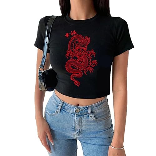 Femmes Y2K Crop Tops Dragon Chinois Motif Imprimé Mignon Kawaii À Manches Courtes Tees T-Shirt Court pour Filles Teen