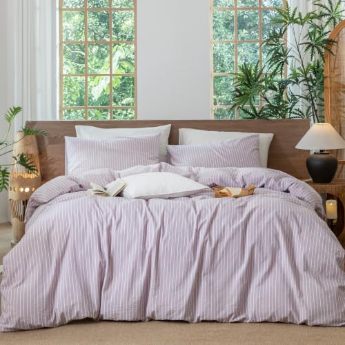 Image of MooMee Striped Duvet Cover Set 100% Washed Cotton Linen Like Queen