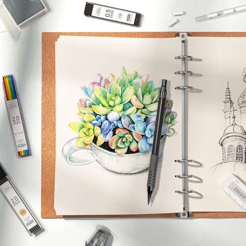 Image of Four Candies Metal Mechanical Pencil Set, 4PCS 0.3, 0.5, 0.7, 0.9MM Mechanical Pencils & 2MM Drawing Pencil with 9 Tubes Lead Refills (4B 2B HB 2H Color) for Student Writing Artist Sketching - Black
