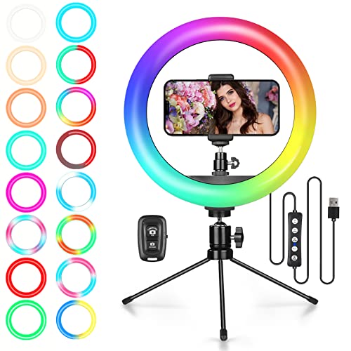 10" Ringlicht mit Stativ Handy, Tisch LED Ringleuchte mit 26 RGB-Modi, Ring Light mit 3 Lichteffekten und 10 Einstellbarer Helligkeit mit Fernbedienung für Live-Streaming YouTube Tiktok Makeup