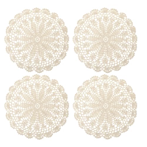 Mozeat Lens 588197_1_HGB370UR Crochet Doilies, 4 Pcs 10 Inch Beige Doilies For Tables Vintage Doilies For Furniture, Round Handmade Lace Placemats Knitted Tablecloth Corrugated Edge cover