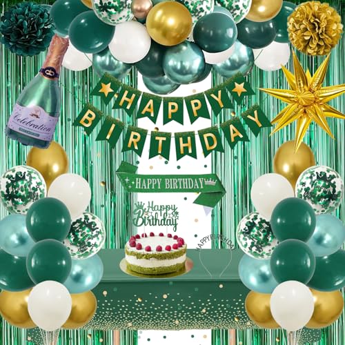 Decoration Anniversaire, Anniversaire Décorations Millésime Foncé Vert Or Ballons Kit Banderole Joyeux Pom Poms Confetti Echarpe Couronne Rideau Nappe Couronne pour Femme