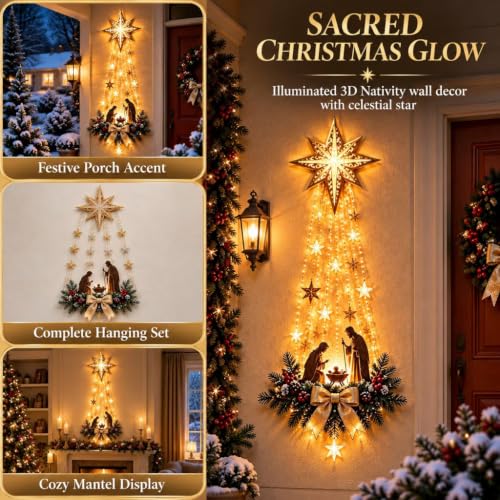 Lighted Nativity Bethlehem Star Wall Decor, Warm LED Christmas Religious Wall Hanging Ornament, Faith Inspired Christmas Decorative Lights for Home Bedroom Fireplace Entryway，#-B - image 3