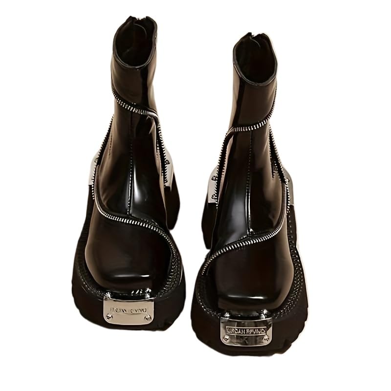 Chic Square-Toe Ankle Boots - Versatile Zip-Up Design with Solid Black Platform Heel