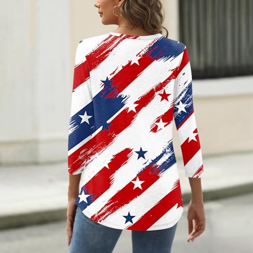 Image of 4th of July Shirts Women 3 /4 Length Sleeve Womens Tops Henley Neck Casual Patriotic T Shirts