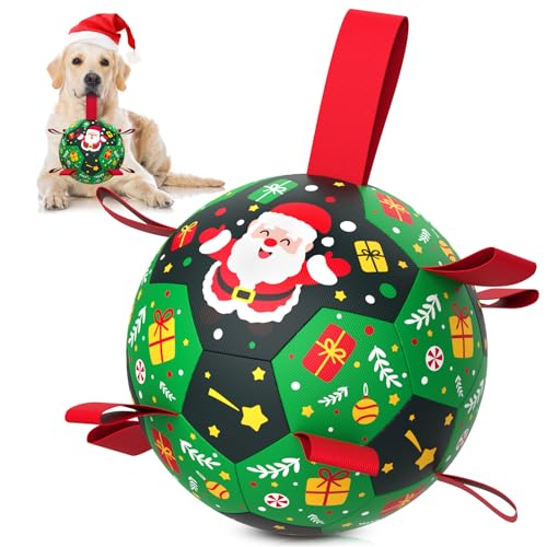 Image of QDAN Christmas Dog Toys: Soccer Ball with Straps for Outdoor Play, Tug of War- Dog Birthday Gift, 8 Inch Balls for Medium & Large Dogs
