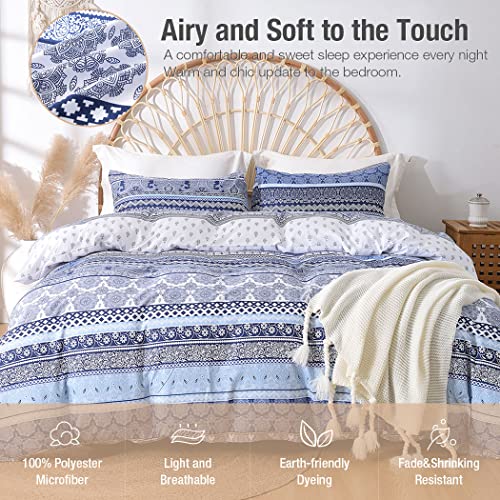 Image of Lekesky Boho Queen Size Duvet Cover Set, Boho Blue Retro Comforter Cover Queen Size Floral Striped Printed, Luxury Soft Microfiber Bedding Set with Zipper Ties