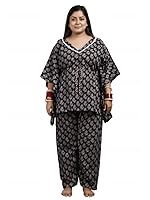 Dream Darzi Women's Printed Flower Cotton V Shape Neck Kaftan 3/4 Sleeve Laces Tie Knot Night Suit Set Top/Kaftan & Pyjamas -Black-6XL
