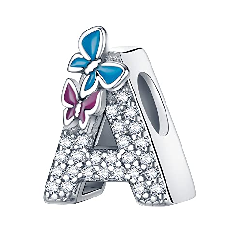 S925 Sterling Silver A~Z Letters Charms with 5A Cubic Zircon Stones, Butterfly Alphabet Beads fit Pandora European Bracelets Gift Options