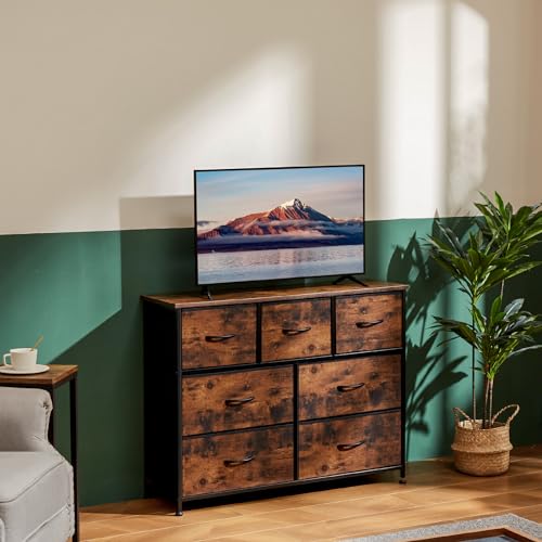 Image of OLIXIS 7 Drawers Dresser for Bedroom, Fabric Storage Tower for Living Room, Entryway - Sturdy Steel Frame, Wooden Top & Easy Pull Fabric Bins, Closet Chests Organizer for Clothes, Brown