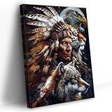 PBXBJY Native American Canvas Wall Art Indian Painting Prints Indian Chief with Wild Animals Pictures Vintage Tribal Theme Poster Modern Living Room Decor Frame (12.00' x 18.00')