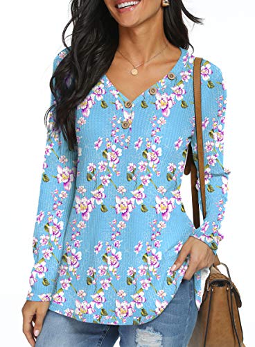 ANIXAY Womens Waffle Knit Tunic Tops Long Sleeve Loose Fitting Daily Casual Button Up Basic Henley Tops FP Light Blue-Large