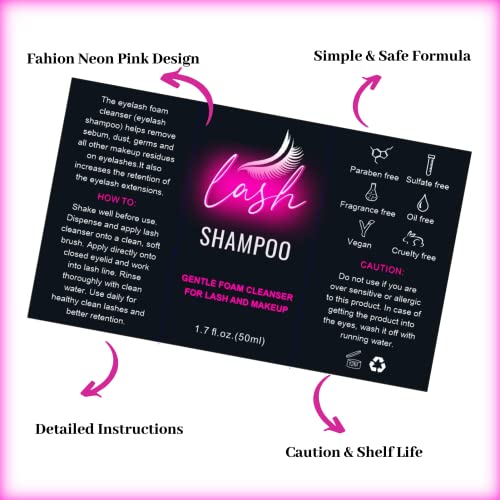 Lash Shampoo Label Stickers For Bottle 50Pcs Eyelash Extensions Bath Wash Labels For Foam Pump Dispenser (4 * 2.4 ”, Pink&Black) #TOP2