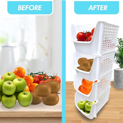 Skywin TidyFriend Plastic Stackable Storage Bins for Pantry - 4 Pack Oval Stackable Bins For Organizing Food, Kitchen, and Bathroom Essentials (White)