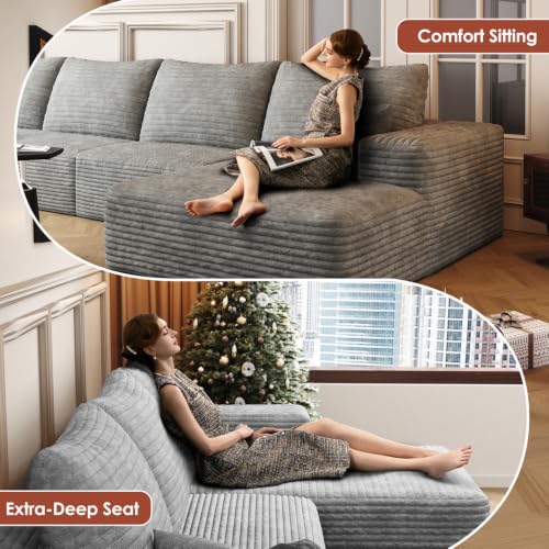 Image of Boneless Couch, Modular Sectional Couches for Living Room, U-Shaped Cloud Couch Sofa with Deep Seat, Fluffy Corduroy Upholstered Corner Sofa