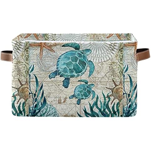Large Storage Basket Vintage Ocean Sea Turtle Starfish Map Foldable Storage Box Organizer Bins with Handles for Bedroom Home Office Cover