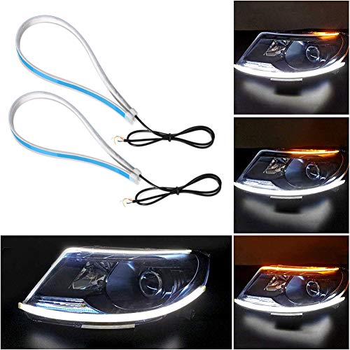 LED Headlight Strip Lights Exterior DRL 2 Pcs 24 Inches Waterproof Cuttable Flexible Daytime Running Light Strips Switchback Car Turn Signal Tube Lights Decorative Lamp Dual Color White Amber, DC 12V