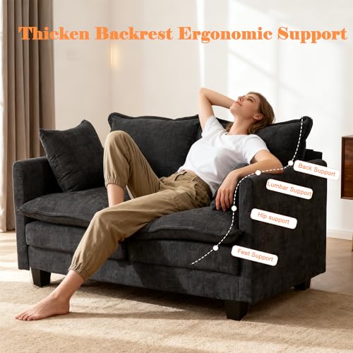 Image of 50'' Loveseat Sofa Cloud Sofa Couch, Modern Loveseats 2 Seat Couch 27 inch Deep Seat with 2 Pillows for Small Spaces Apartment Studio Office Bedroom Living Room, Black