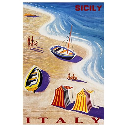 Sicily Italy Summer Travel Beach Family Fun Sailboat Romance SEA Waves 20" X 30" Image Size Vintage Poster REPRO Matte Paper WE Have Other Sizes