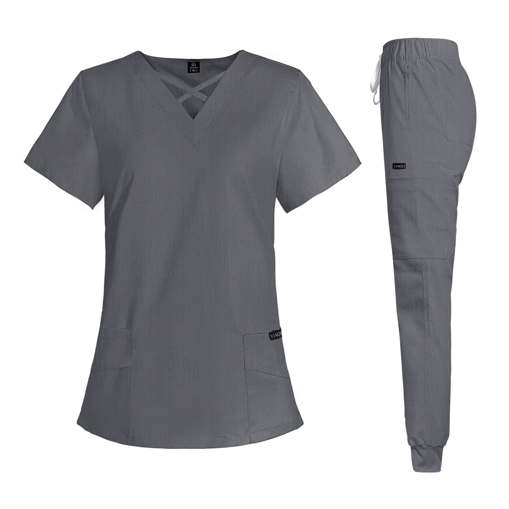 VIAOLI Scrubs for Women Set Modern VNeck Top & 8 Pocket Jogger Pants Athletic Nursing Uniform