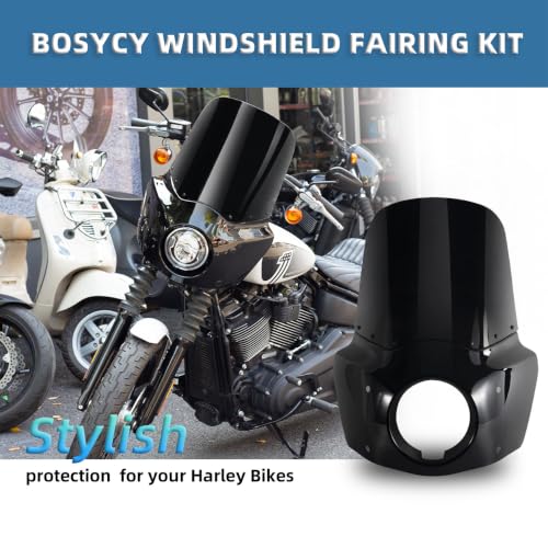 Image of Motorcycle Fairing Windshield Kit, 5.75 inch Headlight Fairings 48-58mm Forks 15 inch Dark Gray Windscreen with Extension for Harley 2006-2017 Dyna Low Rider FXDL Super Glide Street Bob FXDB