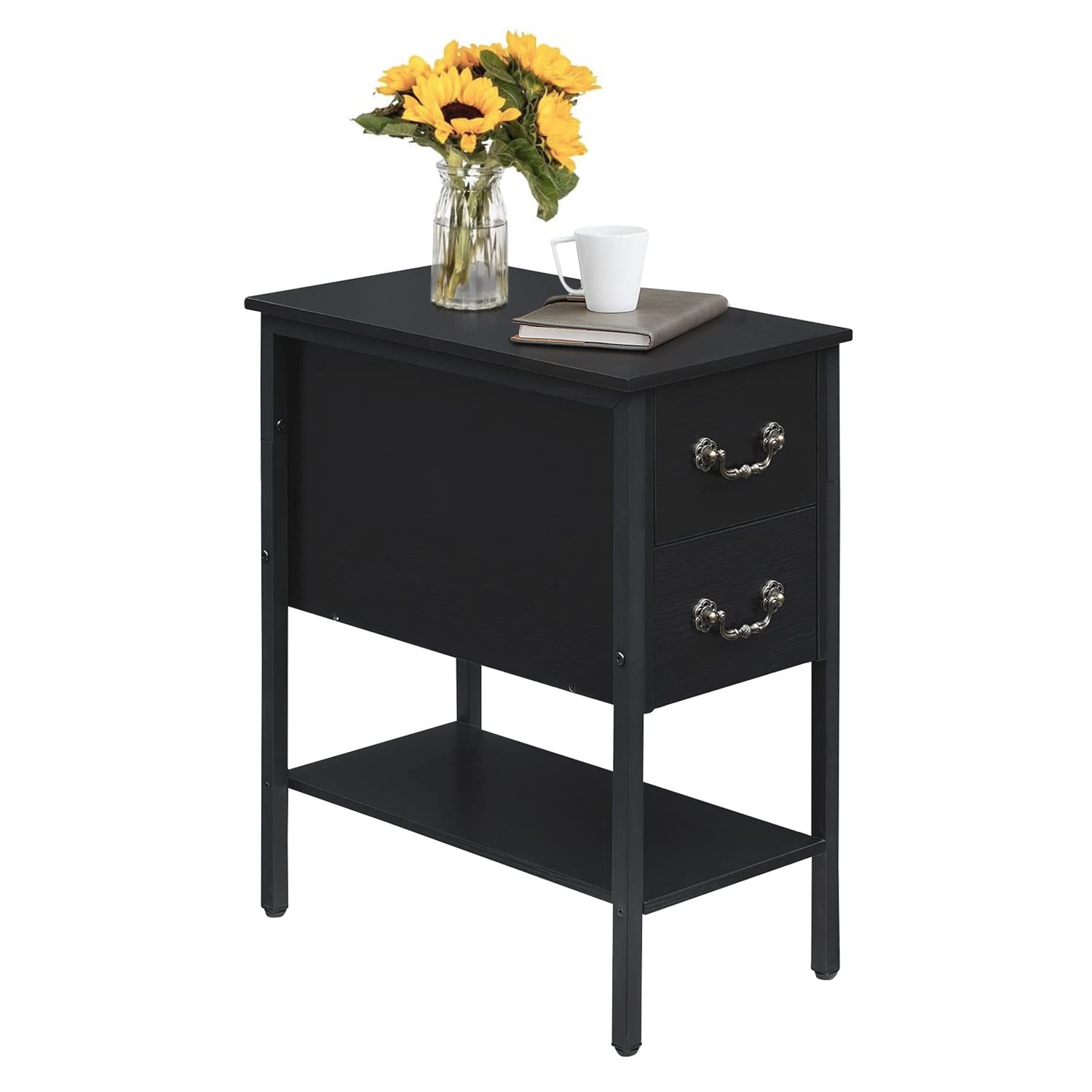 VECELO Tall End/Side Table Living Room, Modern Narrow Nightstand with Drawer for Bedroom Office Sofa Couch, Classic, Black