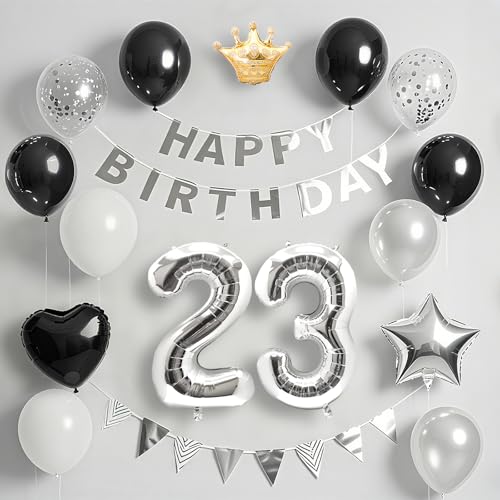23歳 誕生日 飾り付け バルーン セット ブラック＆シルバー happy birthday バナー & 数字バルーン 紙吹雪 王冠付き 豪華パーティー装飾 男の子 女の子兼用
