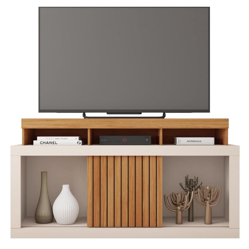 Meuble TV 55 Pouces Chêne et Blanc Ecru 1 Porte 6 roulettes L 136 H 74 P 39 cm