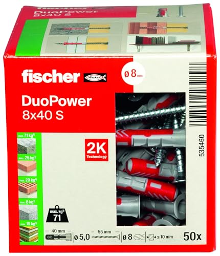 Image of Fischer DuoPower 8 x 40 S, Powerful Universal Plug with Safety Screw, Intelligent 2-Component Technology for fastenings in Concrete, Bricks, Stone, Gypsum plasterboard, etc., 50 Plugs & 50 Screws