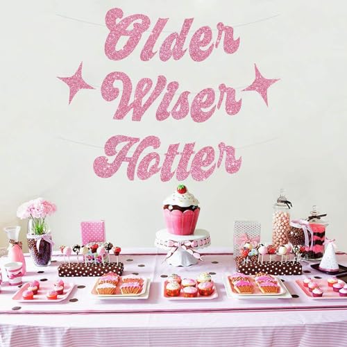 Image of BEISHIDA Glitter Pink Older Wiser Hotter Banner with Star, Funny Birthday Banner 30th 40th 50th 60th 70th 80th Party Decorations Sign Gift