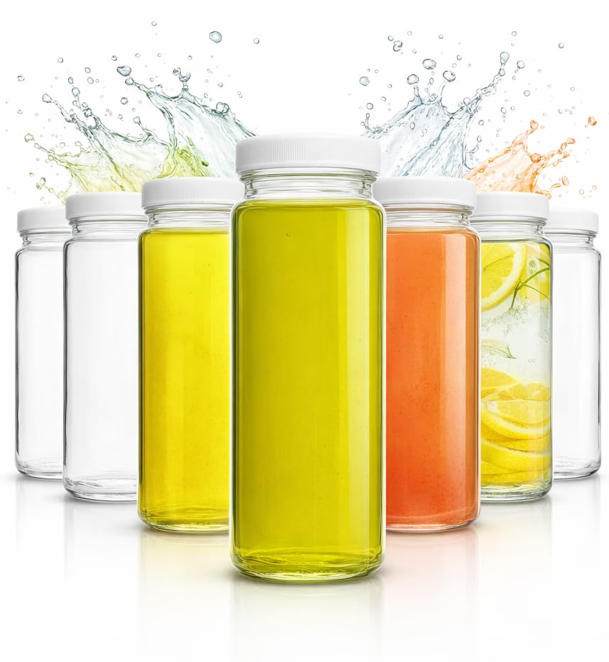 16oz Glass Juice Bottles with Lids - 6 Pack Wide Mouth Glass Water Bottles for Juices, Smoothies, Beverage Storage - Durable, Reusable, Dishwasher Safe, Glass Bottles for Juicing (White Caps)